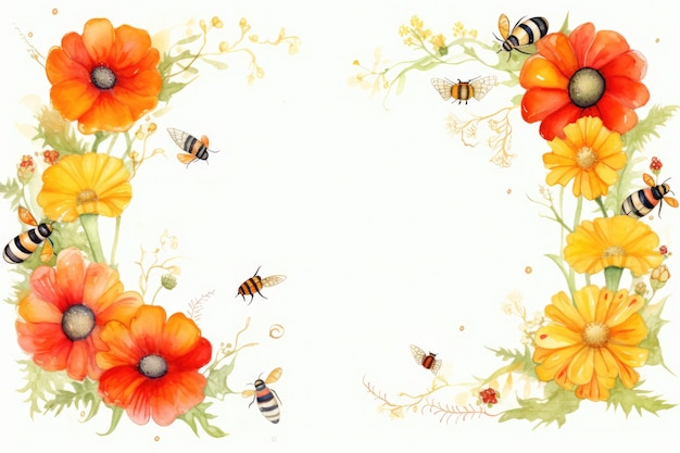 a frame of flowers with bees and bees on it.