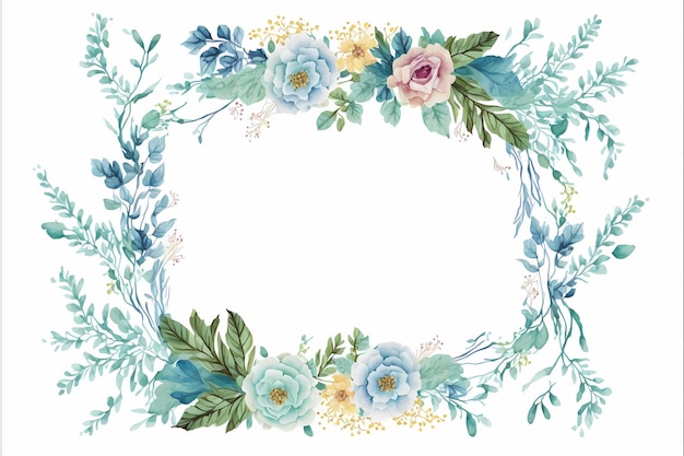 A frame of flowers with blue and pink flowers.