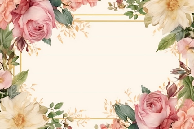 A frame of flowers with a gold frame