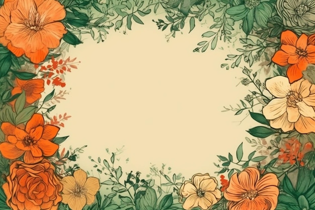 A frame of flowers with a green background