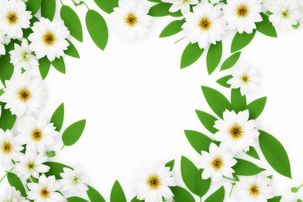 A frame of flowers with green leaves on a white background