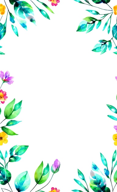 Frame of flowers with green leaves and the words spring on the bottom left.