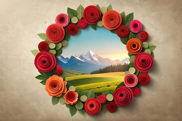 A frame of flowers with a mountain view