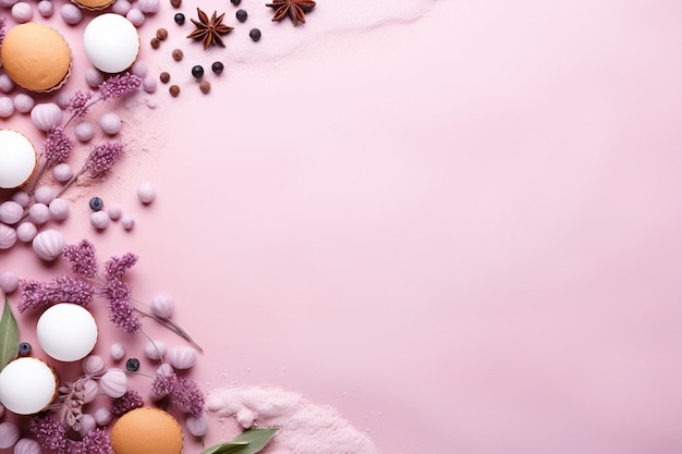 Frame of food ingredients for baking on a gently pink pastel background