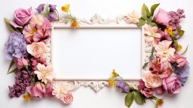 Frame of fresh flowers with a clean background inside