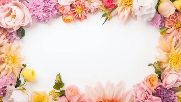 Frame of fresh flowers with a clean background inside