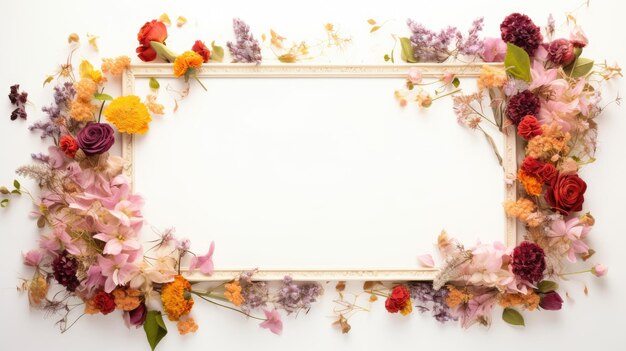 Frame of fresh flowers with a clean background inside