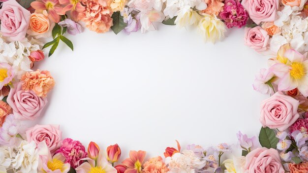 Frame of fresh flowers with a clean background inside