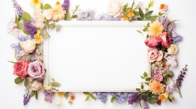 Frame of fresh flowers with a clean background inside