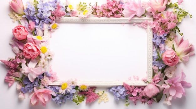 Frame of fresh flowers with a clean background inside