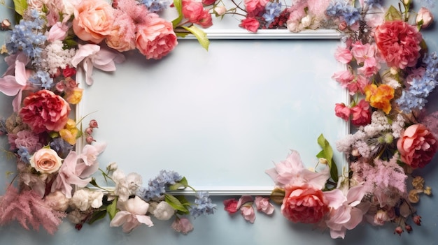 Frame of fresh flowers with a clean background inside