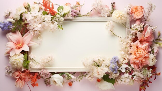 Frame of fresh flowers with a clean background inside