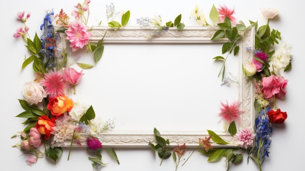 Frame of fresh flowers with a clean background inside