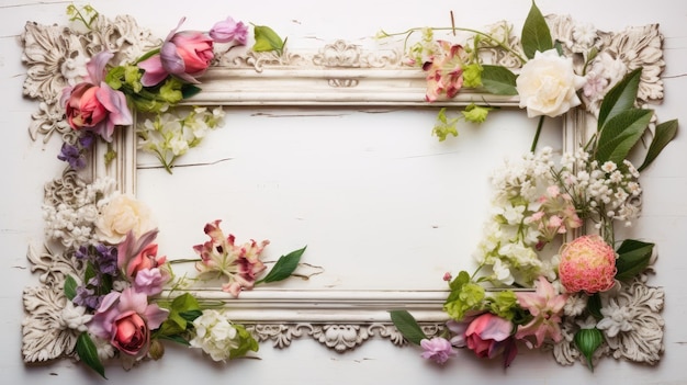 Frame of fresh flowers with a clean background inside