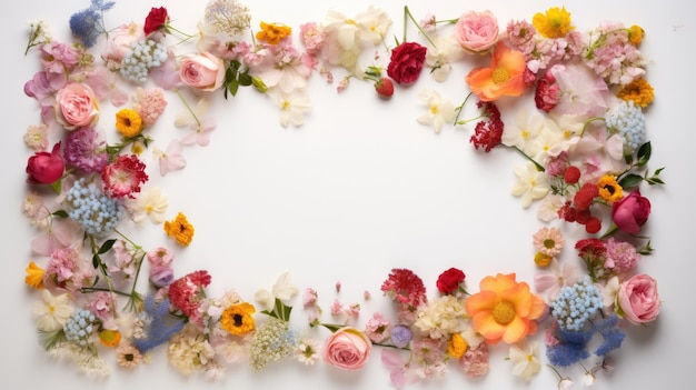 Frame of fresh flowers with a clean background inside