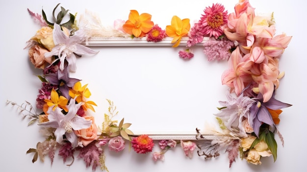 Frame of fresh flowers with a clean background inside