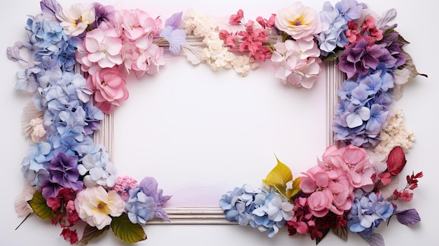 Frame of fresh flowers with a clean background inside