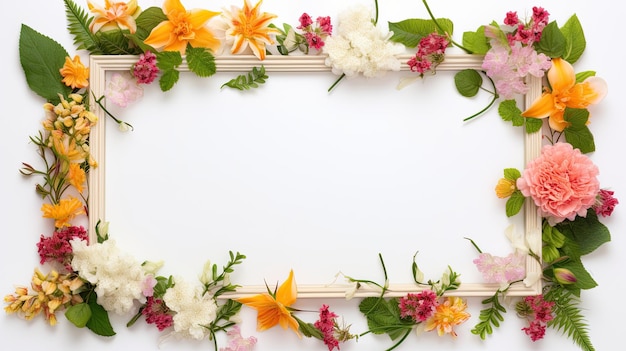 Frame of fresh flowers with a clean background inside