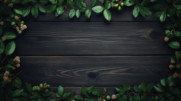 Frame of fresh green rosehip leaves on dark wooden