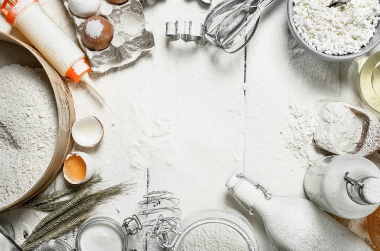 Photo a frame of fresh ingredients for dough.