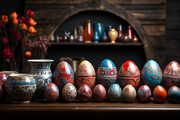 Frame from easter eggs and basket on table