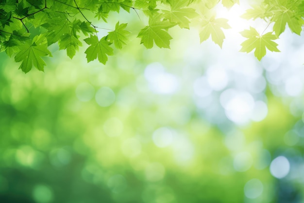 frame from green maple branch leaves and meadow in sunshine