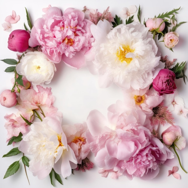 Frame from peonies on a white background