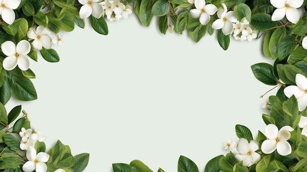 A frame from white flowers with green leaves and white flowers