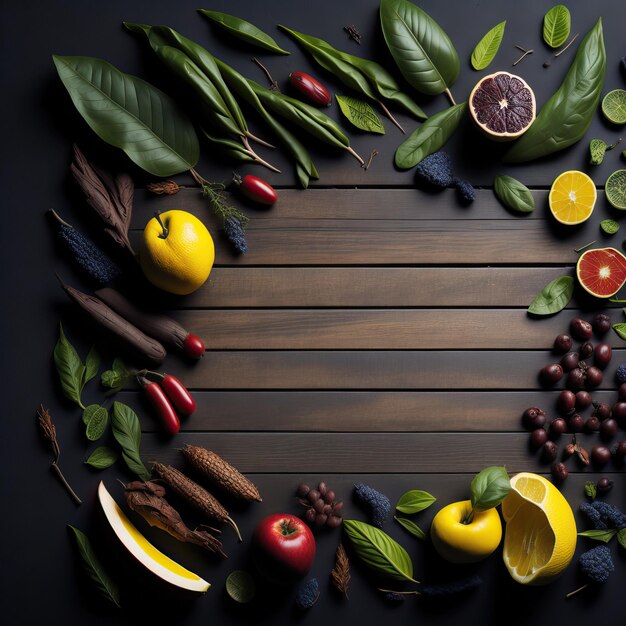 A frame of fruit and berries with a green leaf on it.