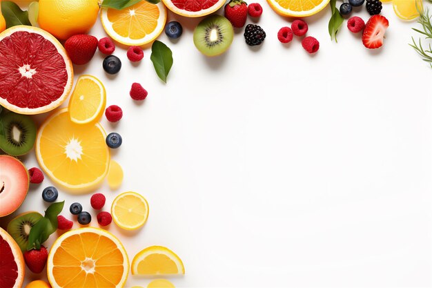 Frame of fruit mix on white background with copy space