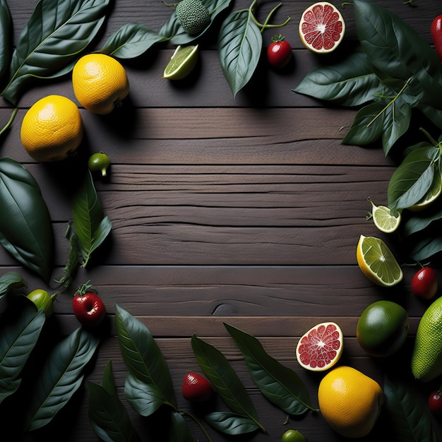 A frame of fruit with a variety of fruits and leaves on it.