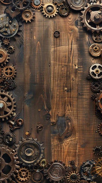 Frame of gears on wooden background