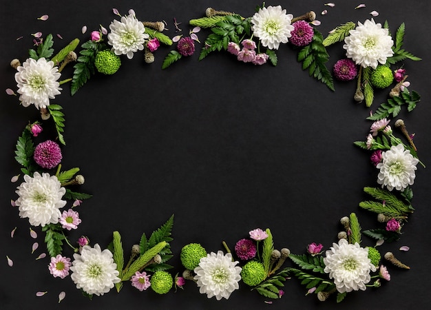 Frame gemaakt van kleurrijke bloemen chrysant geïsoleerd op zwarte achtergrond. Bloemen samenstelling. Zomerkrans van chrysantenbloemen. Plat leggen.