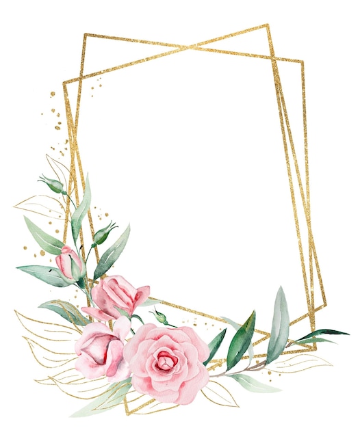 Frame gemaakt van roze aquarel bloemen en groene bladeren bruiloft en groet illustratie