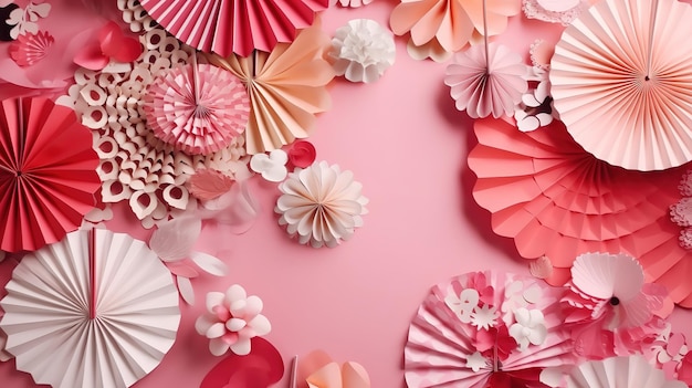 Frame gemaakt van roze en witte papieren decoraties voor baby shower party Generative Ai