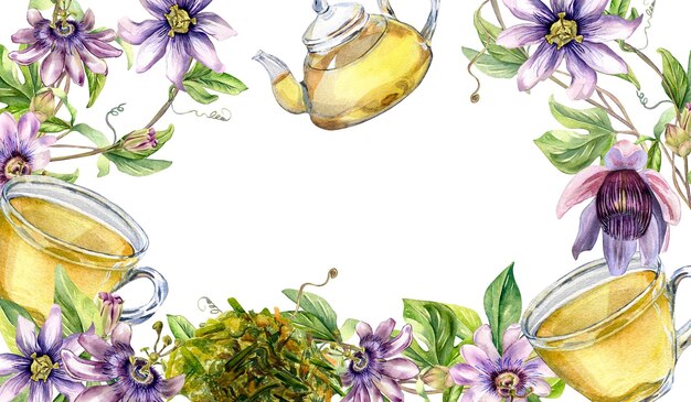 Frame of glass teapot and cup passion flower watercolor illustration isolated on white Herbal tea