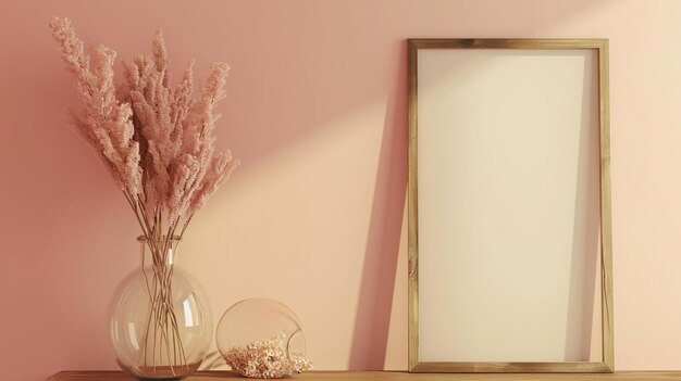 Photo frame glass vase and dry flowers toned in fashion blended with peach fuzz color generative ai