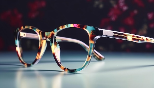 Frame glasses animal print leopard or tiger on the table on a blurred background generative ai