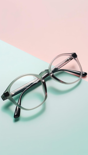 Frame of glasses of round shape on on a pastel pink turquoise background top view generative ai