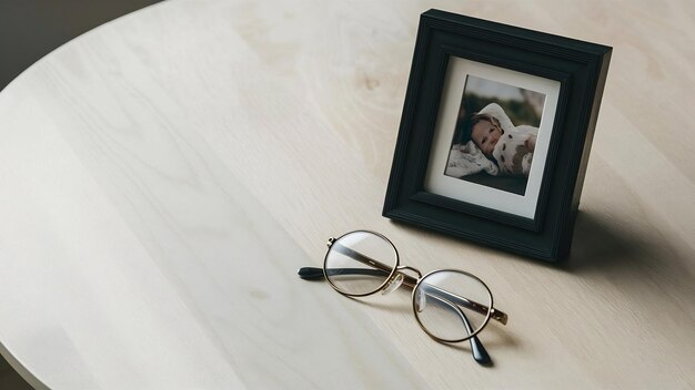 Photo frame and glasses on table