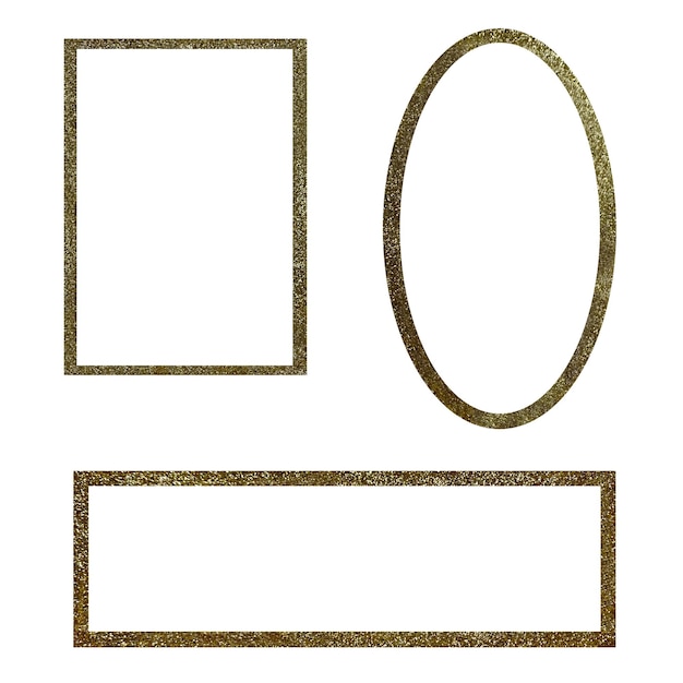 Frame gold rectangular oval glitter set. Foil decor hand drawn texture. Isolated white background.