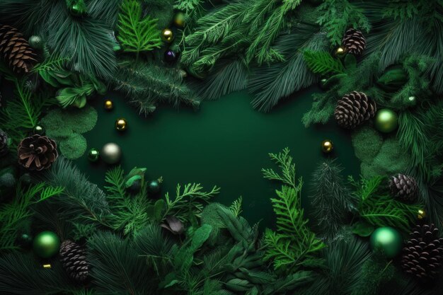 Frame of green branches cones Christmas balls on green background Copy space Christmas template for greeting card Horizontal format Generated AI