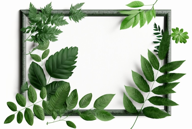 Frame of green leaves on a white background lay flat Generative AI