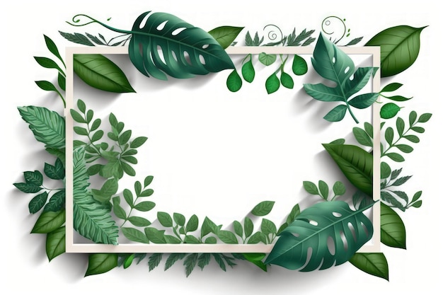 Frame of green leaves on a white background lay flat