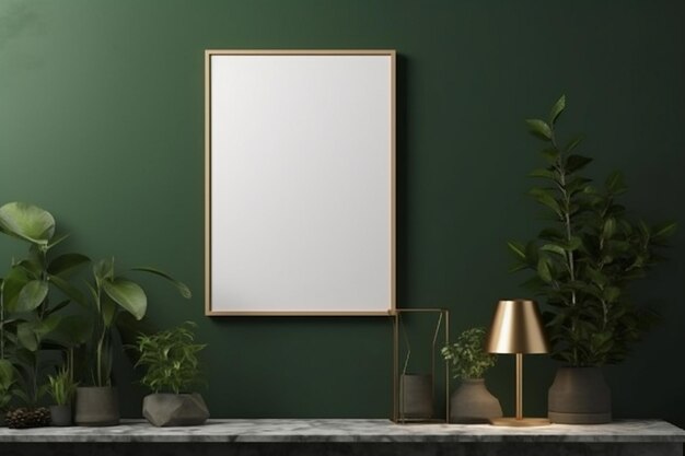 A frame on a green wall with plants and a plant on it.