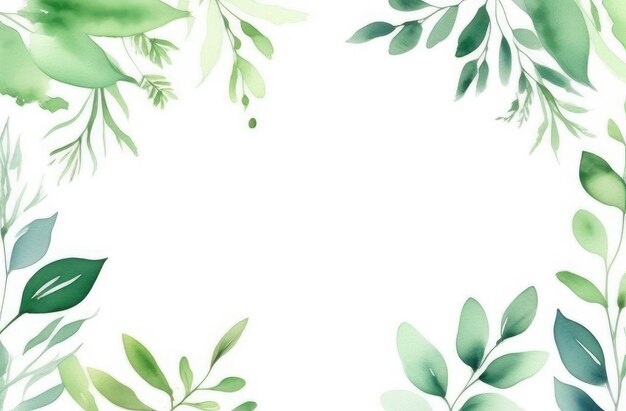 Photo frame of green watercolor leaves on white background copy space