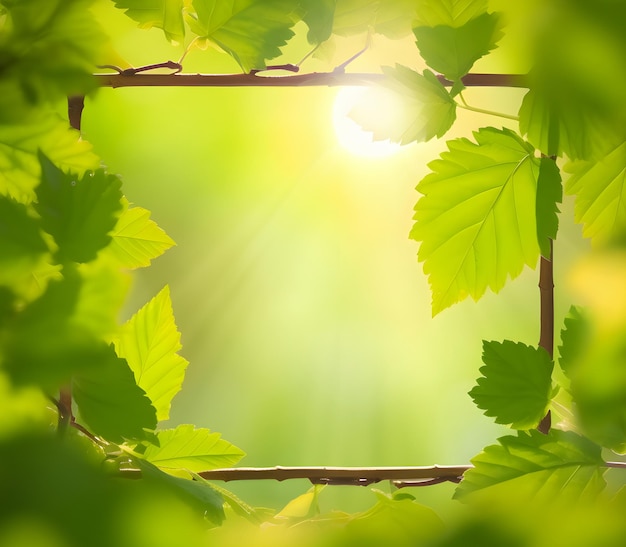 Рамка из зеленых и желтых листьев на размытом фоне с боке под солнечным светом с копировальным пространством для текста