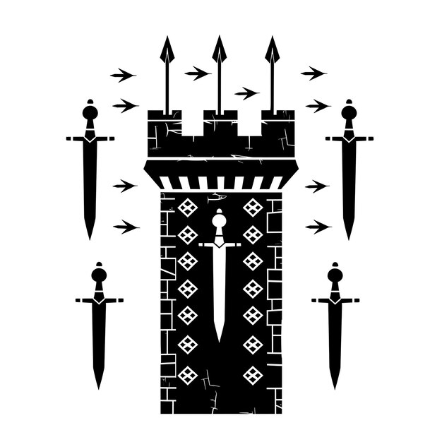 Frame of Guard Tower CNC Art With Arrow Slits and Sword Symbols for CNC Die Cut Outline Tattoo