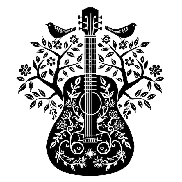 Frame of Guitar CNC Art With Tree and Bird Designs Small Tree and Bi CNC Die Cut Outline Tattoo