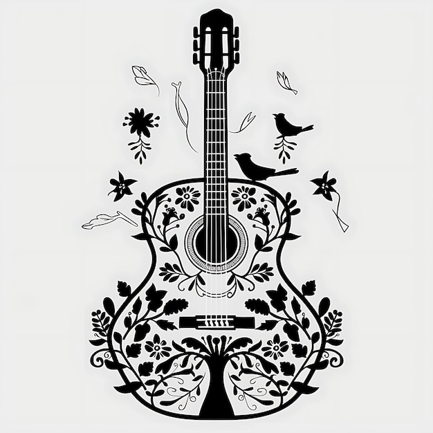 Frame of Guitar CNC Art With Tree and Bird Designs Small Tree and Bi CNC Die Cut Outline Tattoo